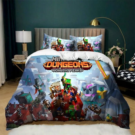 Game Minecraft Bedding Set 3 Pieces Soft and Breathable Duvet Cover Set for Teen All Season Light-Weight Comforter Cover