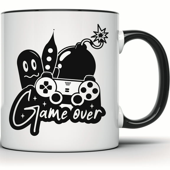 Game Over Mug - Retro Gaming Coffee Cup - Fun Gift for Gamers - Video Game Lover Decor - Gamer Mug with Controller - 11 Ounce Black Rim Handle Novelty Coffee Cup - WMUG1242-BLK