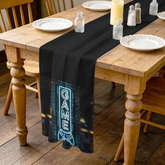 Game Neon Sign 10ft Cheesecloth Table Runner for Wedding 27"x120", Modern Video Game Controller Blue Glowing Tube Kitchen Dinner Sheer Tulle Chiffon Dresser Scarf, Holiday Party Decorations