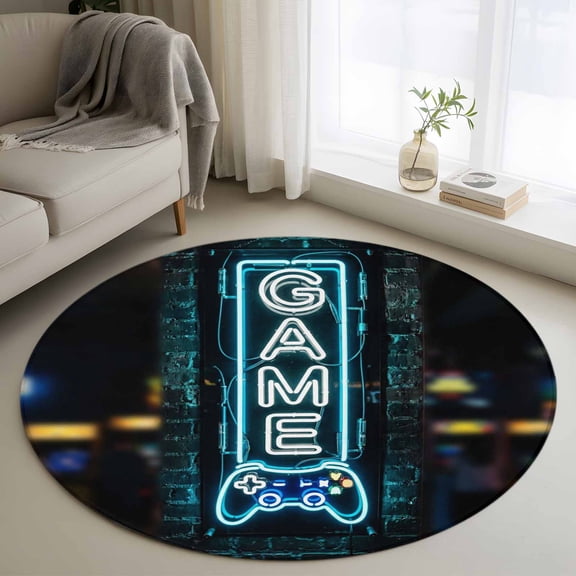 Game Neon Sign 3FT Round Area Rugs Modern Video Game Controller Blue Glowing Tube Soft Small Round Rug Non-Slip, Ultra-Thin Indoor Circle Carpet for Bedroom Entryway Kitchen Bathroom