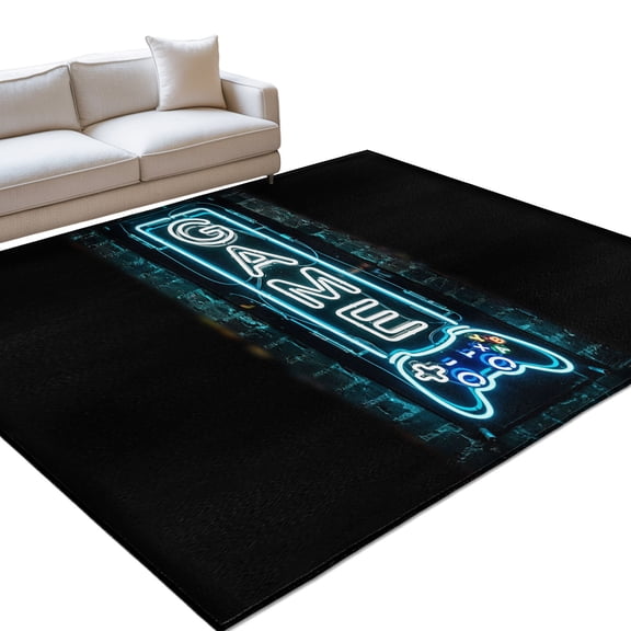 Game Neon Sign 6x9ft Non Slip Area Rug Modern Video Game Controller Blue Glowing Tube Washable Soft Area Rugs for Living Room, Indoor Circle Carpet for Bedroom Dining Room Kitchen