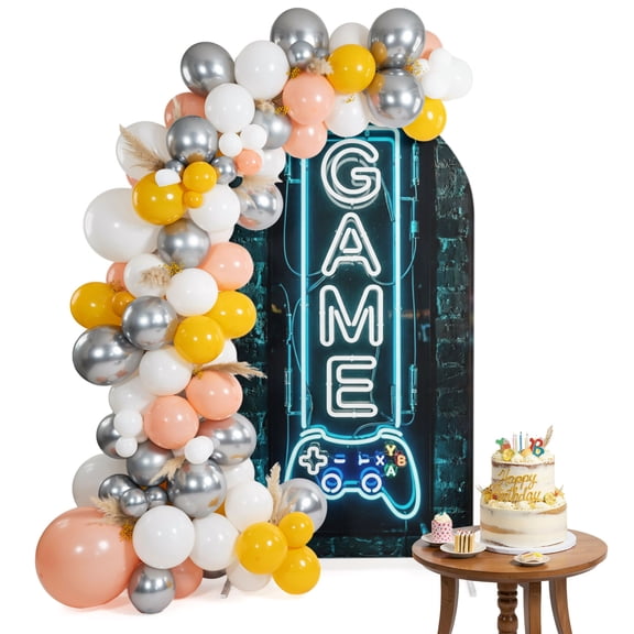 Game Neon Sign Arch Backdrop Cover 4FT Modern Video Game Controller Blue Glowing Tube Spandex Fitted Arch Covers Stretchy Backdrop Decoration for Wedding Birthday Graduation Party