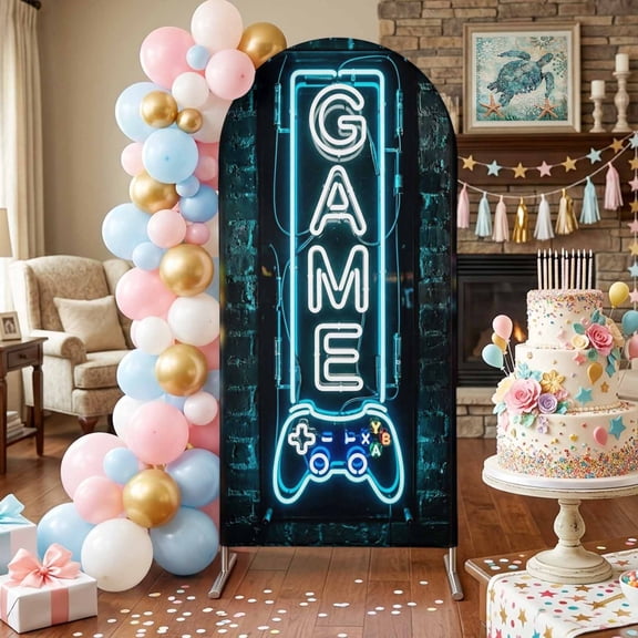Game Neon Sign Arch Backdrop Covers 4 FT, Modern Video Game Controller Blue Glowing Tube Stretchy Fitted Arched Stand Covers Party Arch Stand Cover Photo Booth for Wedding Birthday Decor