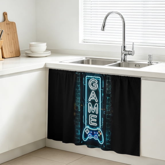 Game Neon Sign Cabinet Curtains for Kitchen 10"W x 11"L, Modern Video Game Controller Blue Glowing Tube Under Sink Skirt Magic Tape Short Curtain Decorative Privacy Panel for Bathroom Laundry
