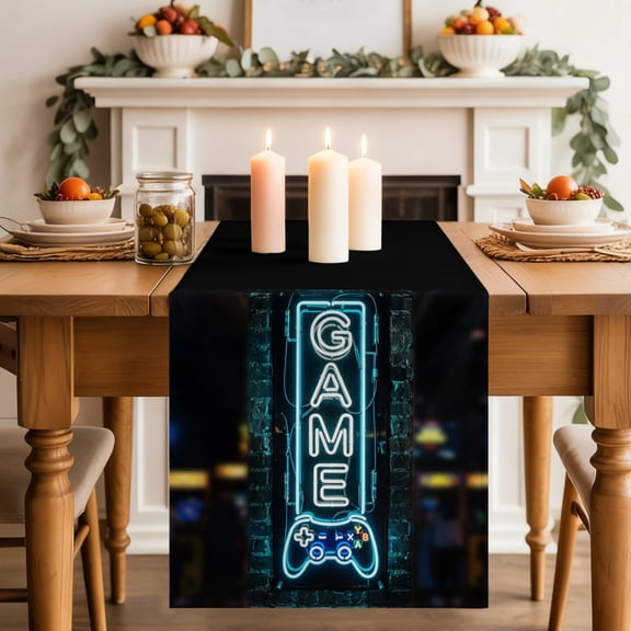 Game Neon Sign Dining Table Runner, Modern Video Game Controller Blue Glowing Tube Washable Table Runners Kitchen Coffee Table Center Decor for Home Party Holiday Wedding 13 x 36 Inches