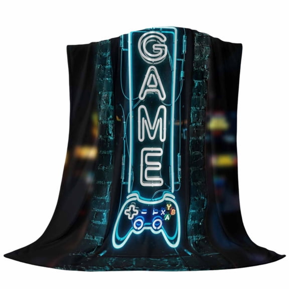 Game Neon Sign Fleece Throw Blanket Modern Video Game Controller Blue Glowing Tube Ultra Soft Fuzzy Cozy Flannel Throw Blanket for Couch Sofa Bed Car Travel, Ideal Gifts 50x60 Inches