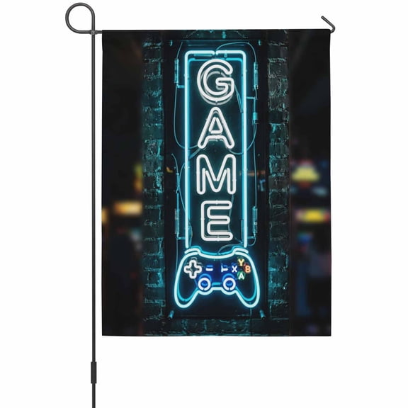 Game Neon Sign House Flags For Outdoor, Modern Video Game Controller Blue Glowing Tube Small Double Side Yard Flags Weather Proof House Decor for Lawn Outside Holiday 28 x 40 Inches