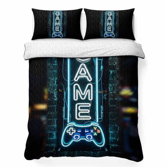 Game Neon Sign King Quilt Bedding Set, Modern Video Game Controller Blue Glowing Tube Lightweight Comforter with 2 Pillow Shams Bedroom Bedspread Set Home Decor for All Seasons