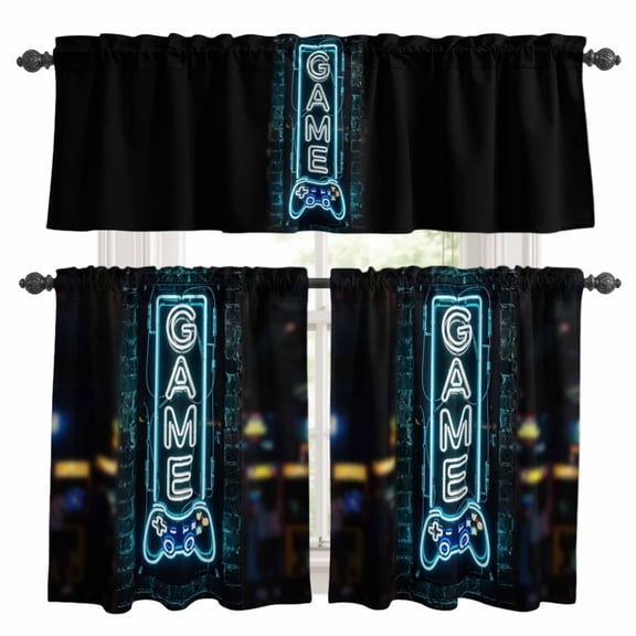 Game Neon Sign Kitchen Curtains Valances 3 Piece Set, Modern Video Game Controller Blue Glowing Tube Rod Pocket Tier Curtain and Valance Drapes for Small Window 36 Inch Length for Bedroom Cafe