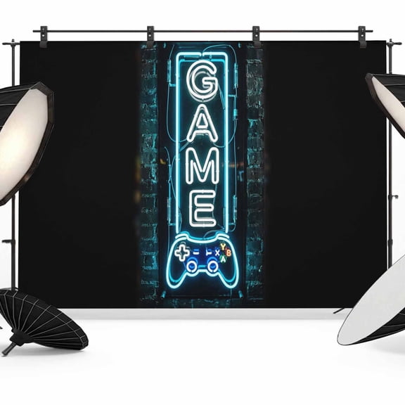 Game Neon Sign Photography Backdrop 7x5FT, Modern Video Game Controller Blue Glowing Tube Photo Backdrops, Background for Photography Studio Photo Studio Background, Back Drop for Photoshoot