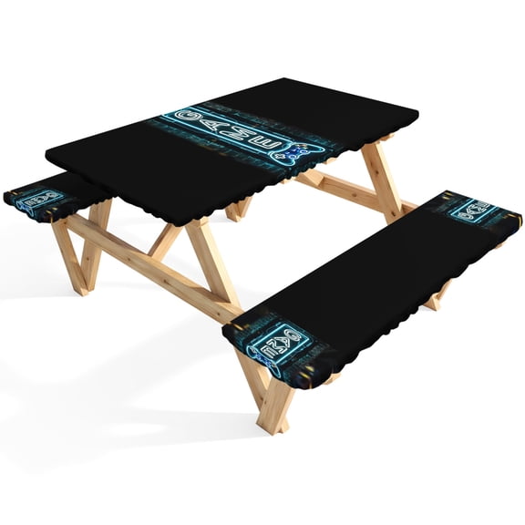 Game Neon Sign Picnic Table Cover with Bench Covers Modern Video Game Controller Blue Glowing Tube Waterproof Fitted Picnic Tablecloth 3 Pieces Set Table Cloth for Outdoor Camping Garden BBQ