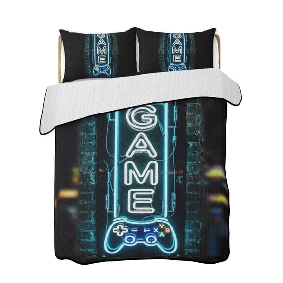 Game Neon Sign Quilts Bedding Set Full Size Modern Video Game Controller Blue Glowing Tube Lightweight Quilted Bedspread 3 Piece Bed Quilt with 2 Pillow Shams All Season for Bedroom 68" x 98"