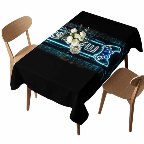 Game Neon Sign Rectangle Tablecloth Modern Video Game Controller Blue Glowing Tube Waterproof Wrinkle Free Soft Table Cloth Spill-Proof Washable Table Cover for Dining Party Picnic 52 x 70 Inch