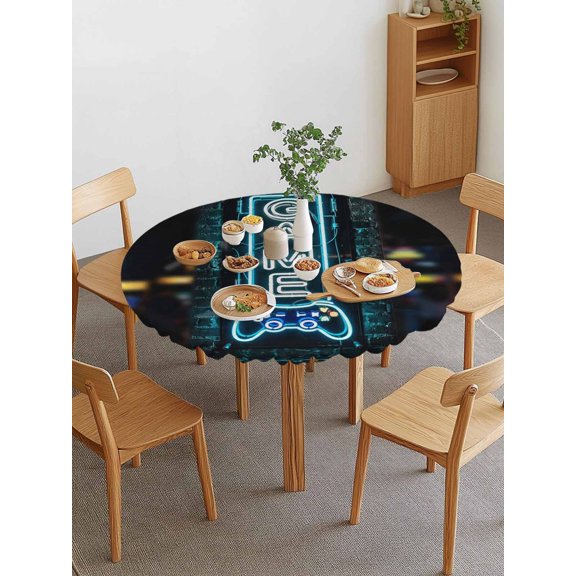 Game Neon Sign Round Fitted Tablecloth with Elastic Edge, Modern Video Game Controller Blue Glowing Tube Waterproof Stretch Table Covers for 36"-44" Tables Wipeable Table Cloth for Outdoor
