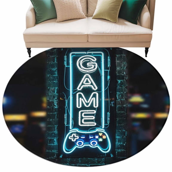 Game Neon Sign Round Living Room Rugs 6 ft, Modern Video Game Controller Blue Glowing Tube Washable Area Rug with Non-Slip Sturdy Edge Binding Round Carpet for Kitchen Office Bedroom