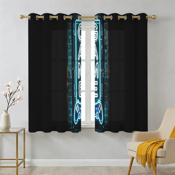 Game Neon Sign Sheer Curtains 45 Inch Long 2 Panels, Modern Video Game Controller Blue Glowing Tube Light Filtering Semi Sheer Drapes Grommet Voile Window Curtain for Living Bedroom W42 x L45