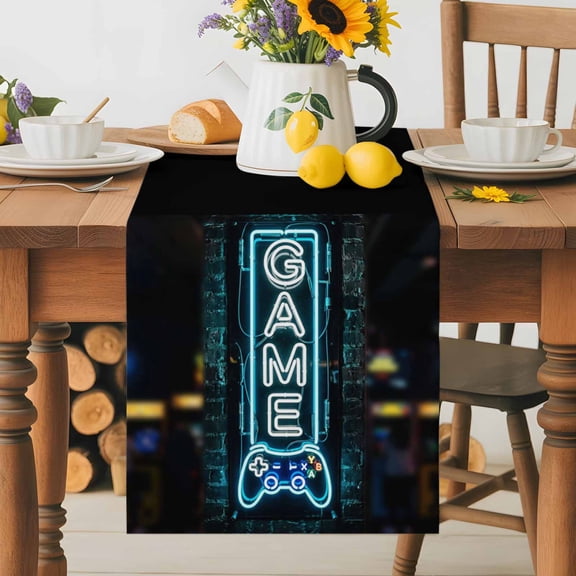 Game Neon Sign Table Runner 13x36 Inch Modern Video Game Controller Blue Glowing Tube Cotton Linen Dining Table Runner Ideal for Dresser Kitchen Coffee Tables - Machine Washable