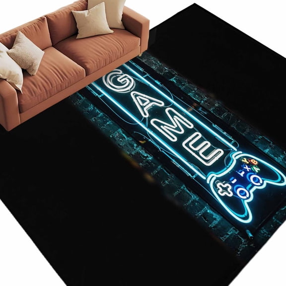 Game Neon Sign Washable Living Room Rugs 9'x12', Modern Video Game Controller Blue Glowing Tube Low Pile Throw Large Area Rug Non-Slip Sturdy Edge Binding Carpet for Bedroom Dining Room Office