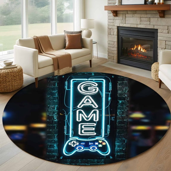 Game Neon Sign Washable Round Area Rug 5 ft, Modern Video Game Controller Blue Glowing Tube , Soft Non Slip Rugs Stain Repellent Indoor Felt Carpet for Living Dining Room Bedroom Home Office