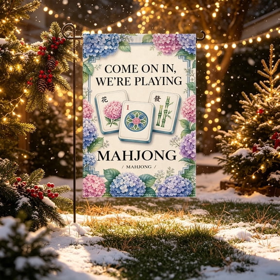 Game Night Mahjong Floral Border Garden Flag,12x18 Inch,2D Flat Printed,Farm Porch Display Sign,No Flagpole