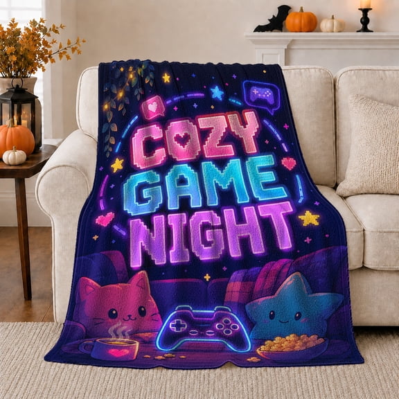 Game Night Scene Retro Pixel Art Boys, Playful Pet Portrait Pattern, Warm Flannel Blanket for Living Room and Reading Nook, Cat Lovers Valentine's Day Gift, Pet Lover Home Decor