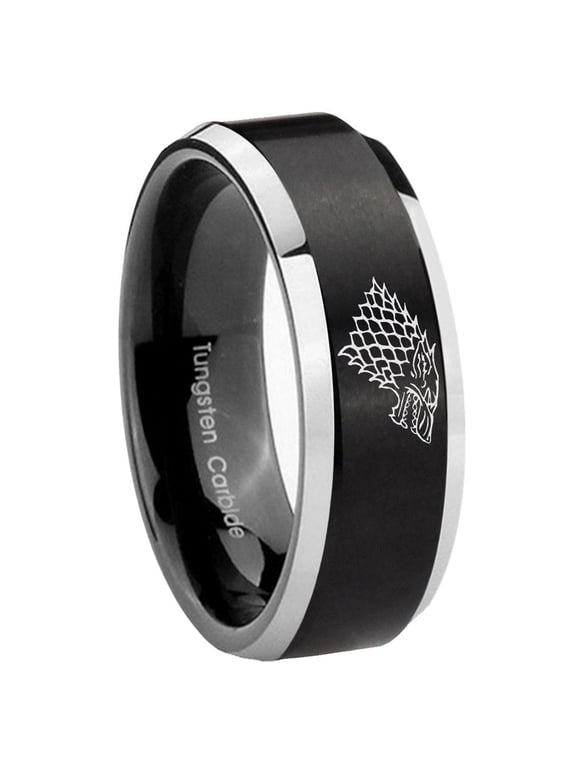 Game Of Thrones House Stark Direwolf Beveled Brush Black 2 Tone Tungsten Ring 10MM