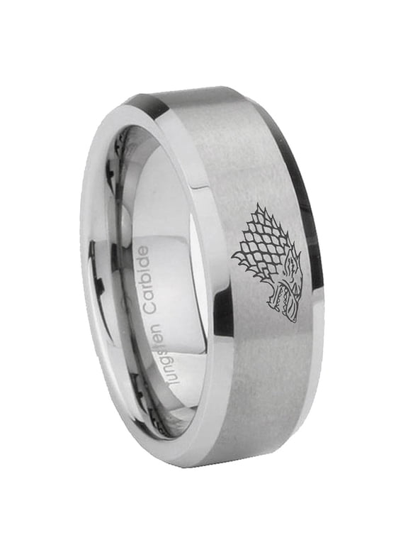 Game Of Thrones House Stark Direwolf Brushed Beveled Gray Tungsten Ring 10MM