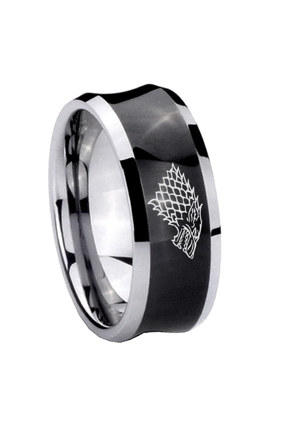 Game Of Thrones House Stark Direwolf Concave Black Plated Tungsten Ring 10MM