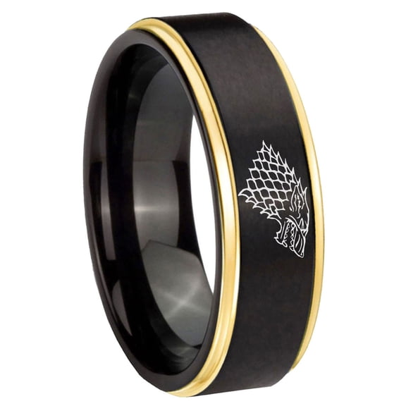 Game Of Thrones House Stark Direwolf Step Edge Black Gold Tungsten Ring 10MM