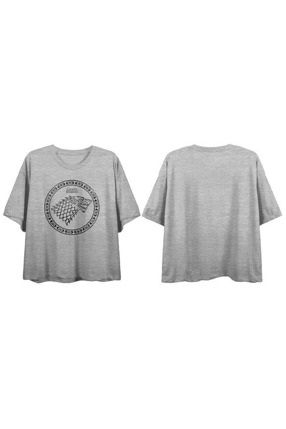 Game Of Thrones Stark Circle Art Crew Neck Short Sleeve Heather Gray Women's Boyfriend Crop T-shirt-Medium