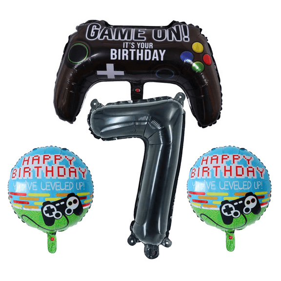 Game On! 7th Birthday Party Foil Balloon Set Gamer Black Blue