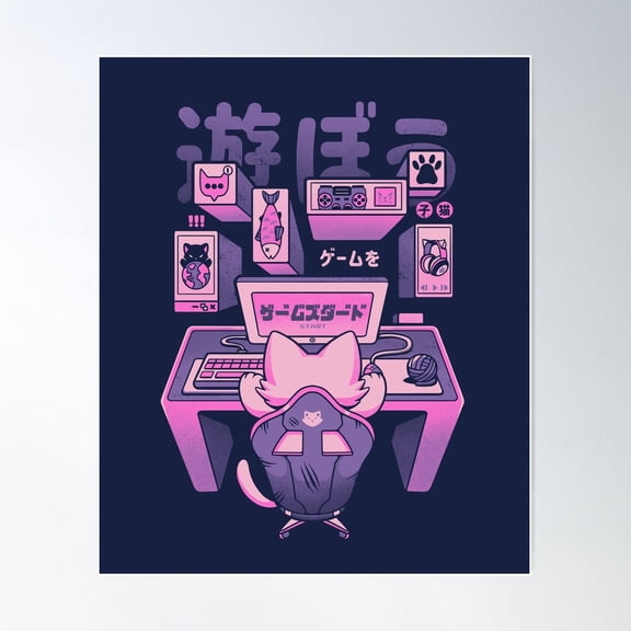 Game On - Cute Geek Nerd Cat Gift Poster Wall Art, Modern Wall Decor For Living Room Bedroom, 8x12 UNFRAMED