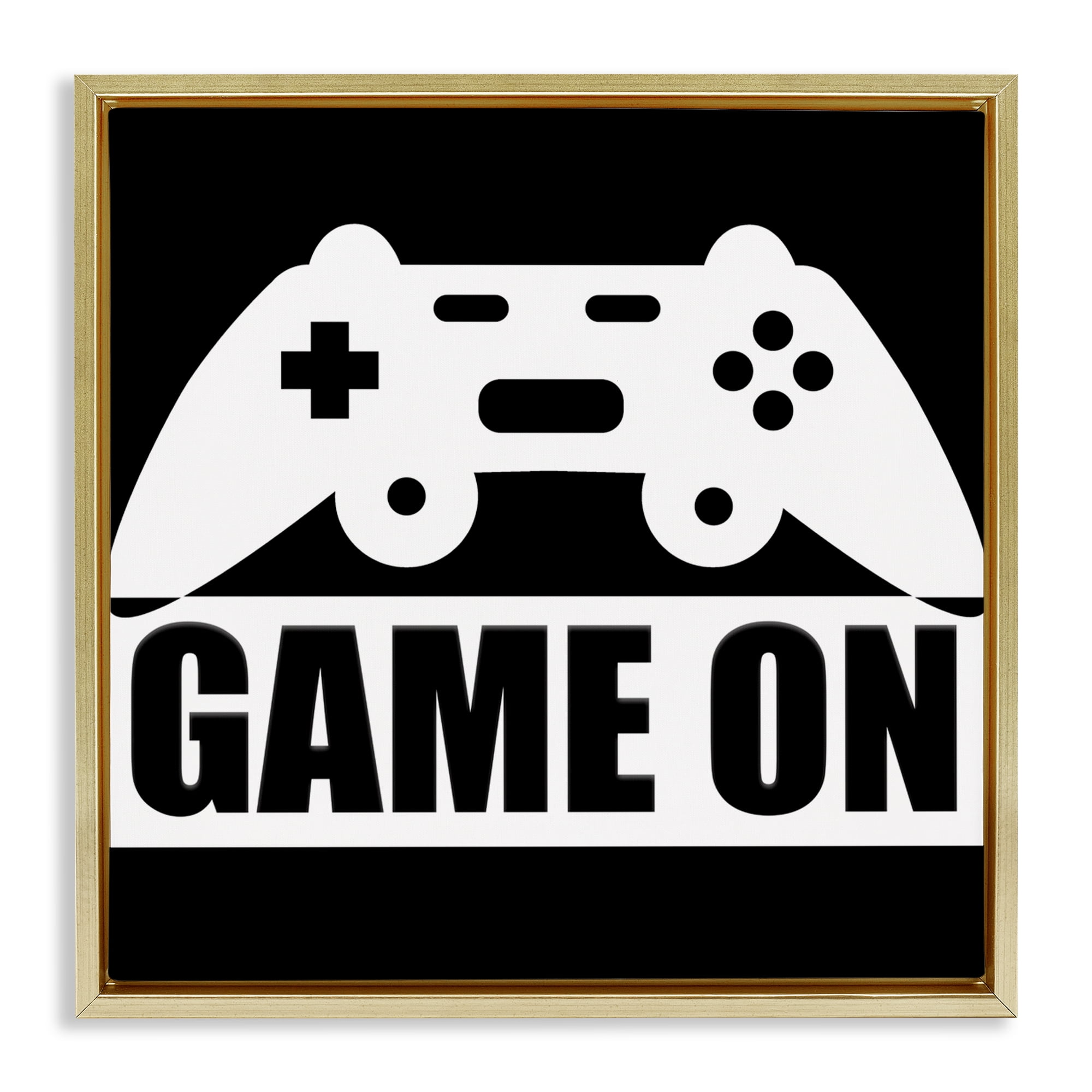 Game On Retro Black & White Gold Framed Floater Canvas Wall Art, design by Kim Allen