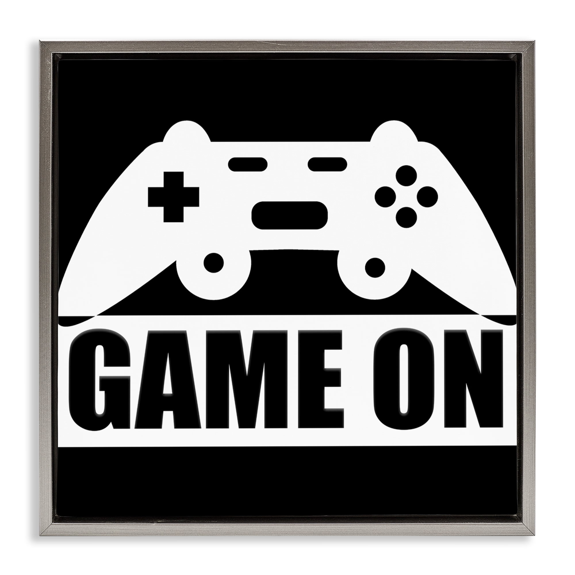 Game On Retro Black & White Gray Framed Floater Canvas Wall Art, design by Kim Allen