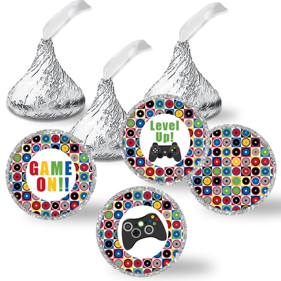 Game On! Video Gamer Birthday Chocolate Kiss Stickers 324 Count, 0.75 Inch Round Party Candy Labels, 3 Sheets of Coordinating Designs, Made in USA by Amanda Creation