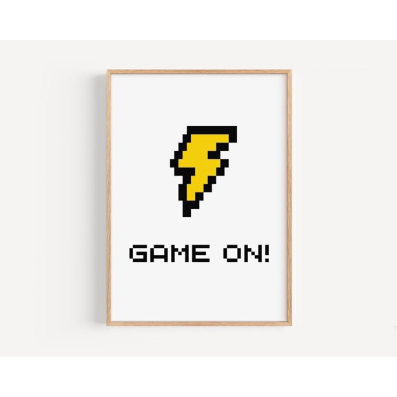 Game On Wall Art Print, Retro Gaming Lightning Bolt And Playroom Decor