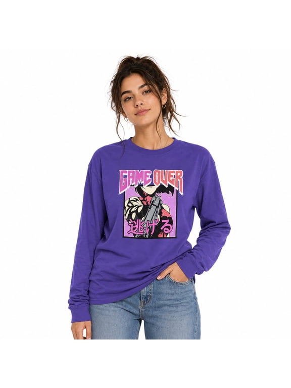 Game Over Anime Cartoon Women's Long Sleeve Purple Shirt (XS)