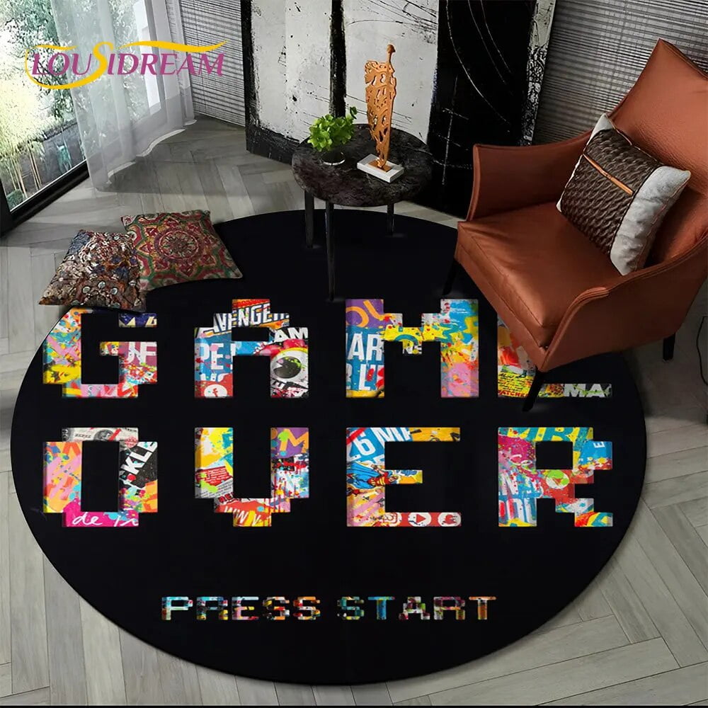 Game Over Cartoon Game Cartoon Round Area Rug Carpet for Living Room