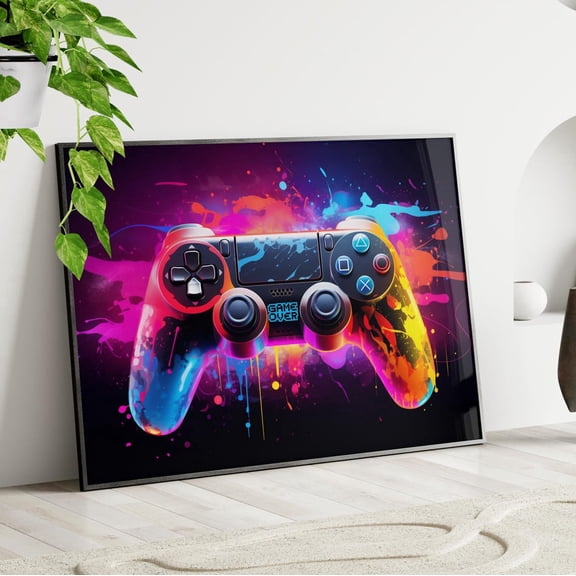 Game Over Controller Wall Art Neon Gaming Room Decor,, Unframed Paper Poster 8x10in
