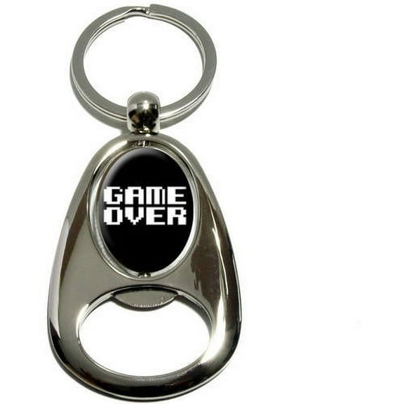 Game Over, Gamer Pixel Font Geek, Chrome Plated Metal Spinning Oval Design Bottle Opener Keychain Key Ring