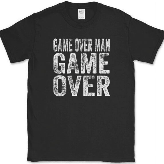 Game Over Man Game Over T-Shirt Sci Fi Movie Aliens Text Video Tee - Black, XL