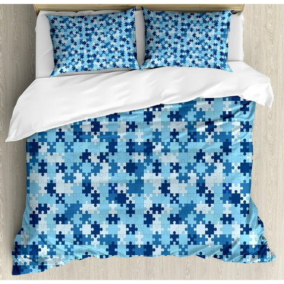 Game Pattern Duvet Cover Set, Monochrome Abstract Geometric Art with Separate Pieces, Decorative 3 Piece Bedding Set with 2 Pillow Shams, King Size, Blue Night Blue Pale Blue, by Ambesonne