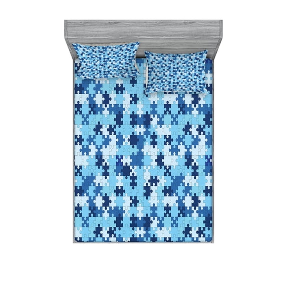 Game Pattern Fitted Sheet & Pillow Sham Set, Monochrome Abstract Geometric Art with Separate Pieces, Decorative Printed 6 Piece Bedding Decor Set, Full, Blue Night Blue Pale Blue, by Ambesonne