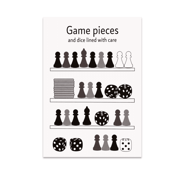 Game Pieces and Dice Lined with Care - Board Game Enthusiast - 13x19 Poster Print