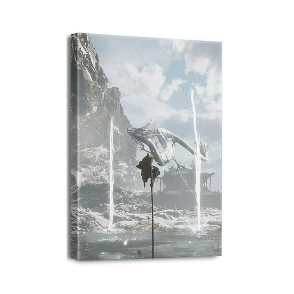 Game Poster - Sun Wukong Wall Art Canvas Painting Room Decor Goku White Dragon Light Wall Pictures for Boys Bedroom Living Room Decor with Frame (12x16in)