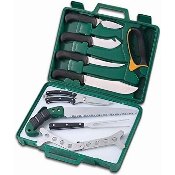 Game Processor, PR-1, Complete 12-Piece Hunting Knife Kit for Processing Big Game, Full Tang 420J2 Stainless Razor Sharp Blades, TPR Non-Slip Handles, Sturdy Hide-Side Storage Case
