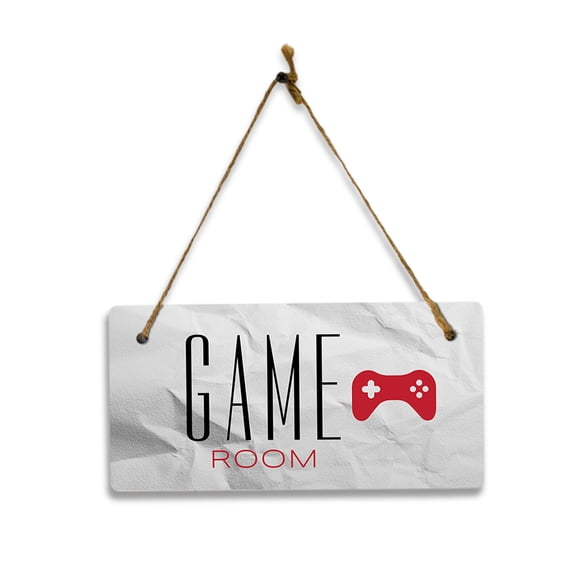 Game Room (Crumpled Paper) 5x10 Hanging Plus Wall or Door Sign | Rustic Twine | Range of Vibrant Decor Styles | Room Signs For Home and Business