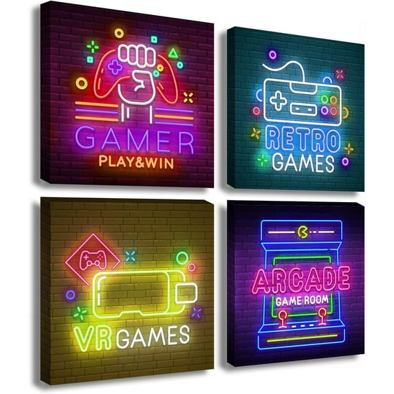 Game Room Decor - Neon Gaming Canvas Wall Art 4 Piece Colorful Video Game Pictures for Kids Room Boys Bedroom Wall Decoration Games Posters Prints Home Artwork Framed 12"x12"x4