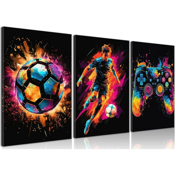 Game Room Decor Posters Set of 3 - Neon Gaming Accessories Theme Canvas Wall Art, Gamer Console Paintings Picture Wall Decor for Children Youth Boys Bedroom 12x16 inch Unframed