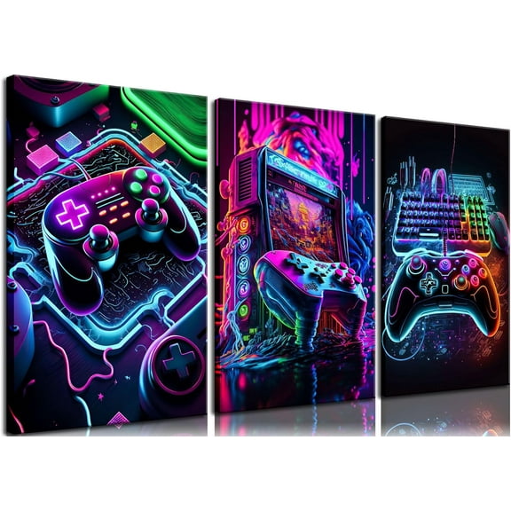 Game Room Decor Posters Set of 3 - Neon Gaming Accessories Theme Canvas Wall Art, Gamer Console Paintings Picture Wall Decor for Children Youth Boys Bedroom 12x16 inch Unframed